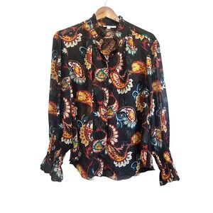 Chicos Size 14 Paisley Print Semi‎ Sheer Black Blouse Button Down Top